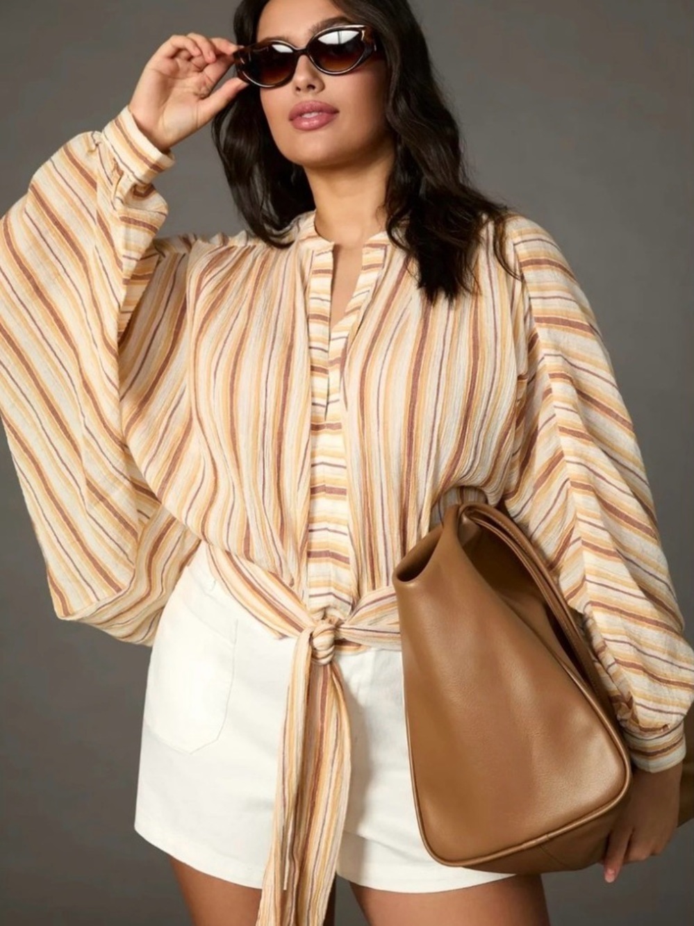 NWT Anthropologie Lightweight t
Striped Tie-Front Women’s Blouse in Tan - XS